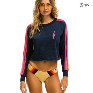 AVIATOR NATION BOLT EMBROIDERY CROP SWEATSHIRT - Neon Stripe Heather Navy